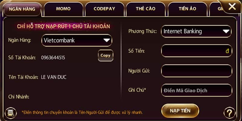 Thông qua ngân hàng nạp tiền cổng game